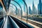 Dubai Metro as world\\\'s longest fully automated metro network, Metro railway among among glass skyscrapers in Dubaion