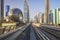 Dubai Metro. View from the cockpit of the golden car