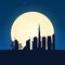 Dubai silhouette of attraction. Travel banner with moon on the night background. Trip to country. Travelling illustration.