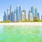 Dubai skyline, beach and skyscrapers, UAE