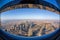 Dubai skyline with futuristic architecture by fisheye, United Arab Emirates