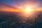 Dubai skyline at sunrise, modern futuristic luxury Arab city, aerial view