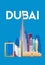 Dubai. Skyline and vector landscape of buildings and famous landmarks