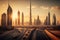 Dubai Sunset featuring Burj Khalifa, the World\\\'s Tallest Building, and Sheikh Zayed Road Traffic. Generative AI