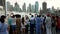 Dubai, UAE - April 8. 2018. Tourists near musical fountain next to Burj Khalifa.