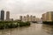 DUBAI, UAE - CIRCA 2020: Cars stuck in water in a flooded parking lot after heavy in rain in Dubai