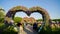 Dubai, UAE - December 14, 2019: Heart shaped flower beds at the Alley of Hearts. Dubai Miracle Garden is famous for its