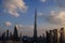 DUBAI,UAE,DECEMBER OF 25 OF 2020: Panorama of down town Dubai modern city at sunset time