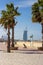 DUBAI, UAE - February, 2019: View of the open Jumeirah public Beach near Burj al Arab hotel. Dubai, United Arab Emirates. Sunny