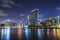 DUBAI,UAE - jANUARY 07,2018: Downtown summer night skyline. Panoramic view of business bay and downtown area of Dubai reflection