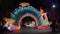 Dubai, UAE - January 13, 2018: luminous arch with decorative multicolored backlight and figures birds and flowers in