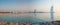 DUBAI, UAE - MARCH 30, 2017: The evening skyline with the Burj al Arab and Jumeirah Beach Hotels and the open Jumeriah beach
