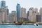DUBAI, UAE - MAY 5,2017: Water bus on the background modern buildings in Dubai Marina on may 5, 2017, Dubai, UAE.
