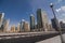 Dubai, UAE - October, 2018: The beauty panorama of skyscrapers in Dubai from promenade, UAE