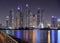 DUBAI, UAE - october 28, 2020.Dubai Marina night scene with city lights, luxury new high tech town in middle East, United Arab Emi