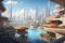 Dubai, United Arab Emirates. 3D rendering. Futuristic city, Panoramic view of Museum of Future and Emirates towers buildings, AI