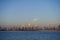 Dubai, United Arab Emirates - December 25, 2019 : A panoramic view of Dubai downtown skyline from Dubai creek harbour side