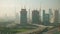 DUBAI, UNITED ARAB EMIRATES - DECEMBER 26, 2019. Aerial shot of the skyline behind skyscrapers construction site of