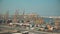 DUBAI, UNITED ARAB EMIRATES - DECEMBER 29, 2019. Aerial shot of container trailer trucks entering Jebel Ali port