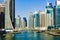 Dubai, United Arab Emirates - March 8, 2018: Dubai marina panoramic view with modern skyscrapers and calm water, United Arab Emir