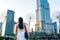 Dubai, United Arab Emirates - May 18, 2018: Girl having a walk in front of Dubai mall