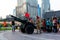 Dubai, United Arab Emirates - May 18, 2018: Ramadan Canon and soldiers in front of Burj Khalifa and the Dubai mall fountain to