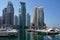 Dubai, United Arab Emirates - November 19, 2014: Scenic sunny cityscape of prestige city district Dubai Marine in UAE with modern