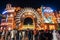 Dubai, United Arab Emirates - November 29, 2019: Crowded Global village in Dubai at night at Americas boot