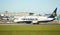 Dubli, Ireland - 10.11.2021: Ryanair airplane on the Dublin airport. Commercial airplane jetliner landing in beautiful sunset ligh