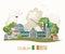 Dublin city. Ireland vector flat design card with landmarks, irish castle, green fields.