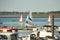 Dublin, Ireland - 07.16.2021: Training sailboats in the marina on a sunset