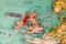 Dublin, Ireland pinned on vintage map of Europe