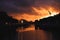 Dublin`s cityscape during a colorful sunset with clouds and seagulls over Liffey river