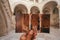 Dubrovnik, Croatia - Aug 22, 2020: GoT TV scene photo held in hand at shot scene inside Rector\'s palace