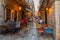 Dubrovnik, Croatia, July 26, 2020: Nightlife at a narrow street