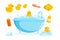 Duck and bath with combs and foam. Bathing set with tub, cosmetics, yellow rubber ducks isolated in white background