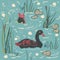 Duck Bird Seamless Pattern. Ducks on the lake