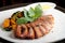 Duck breasts with sour mango sauce and pan-seared sweet potatoes