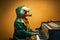 a duck dressed as a jazzman playing, created with Generative AI technology