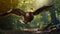 Duck Flying In Atmospheric Woodland: Close-up Nature Images In Dark Green And Light Amber