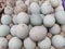 Duck fresh eggs pile for sale at a market as background