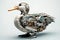 A duck made of electronic machinery on a white background. Farm animals. illustration. Generative AI