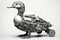 A duck made of electronic machinery on a white background. Farm animals. illustration. Generative AI