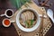 Duck Noodles soup - Braised of duck noodles in white bowl of wood table at top view