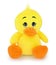 Duck plushie doll isolated on white background with shadow reflection. Duckling plush stuffed puppet on white backdrop.