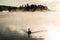 Duck swimming ake of two rivers in algonquin national park ontario canada sunset sunrise with much fog foggy background