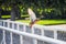 Duck takes off from the railing