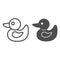 Duck toy line and solid icon, childhood concept, rubber duckling toy sign on white background, bath toy icon in outline