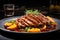 Duck Ã l\\\'Orange, roasted duck served on an elegant restautrant plate,