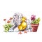 Duckling and goat watercolor illustration. Easter set. Hand painted card with traditional symbols isolated on white